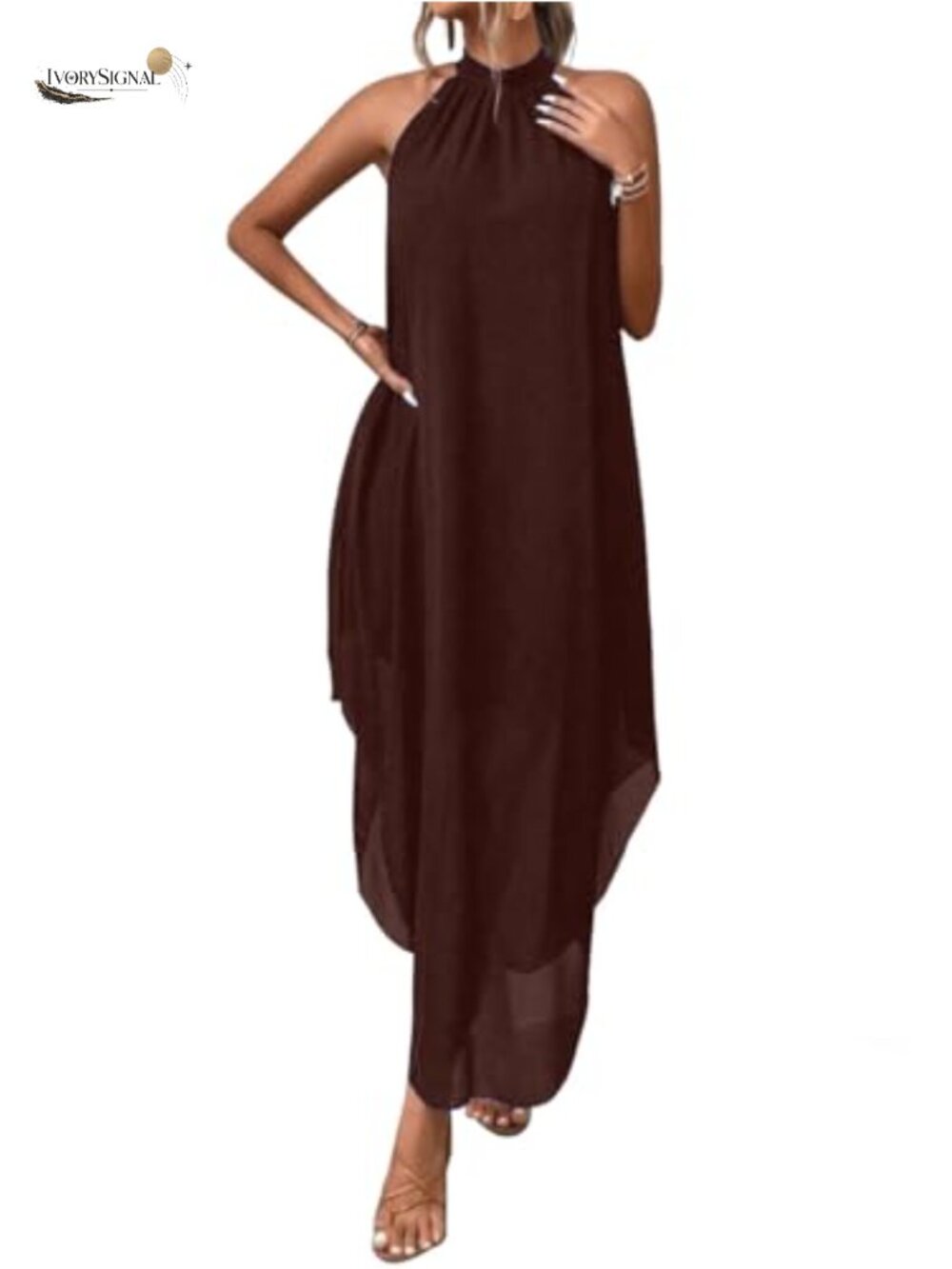Flowy Chiffon Halter Maxi Dress Sleeveless Asymmetrical Wedding Guest